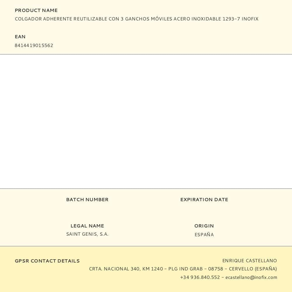 Colgador adherente reutilizable con 3 ganchos móviles acero inoxidable 1293-7 inofix