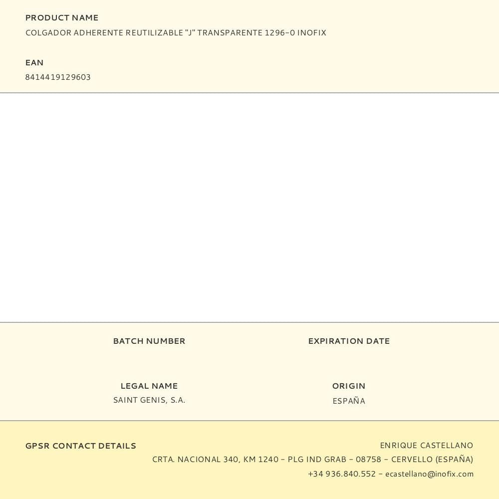 Colgador adherente reutilizable "j" transparente 1296-0 inofix