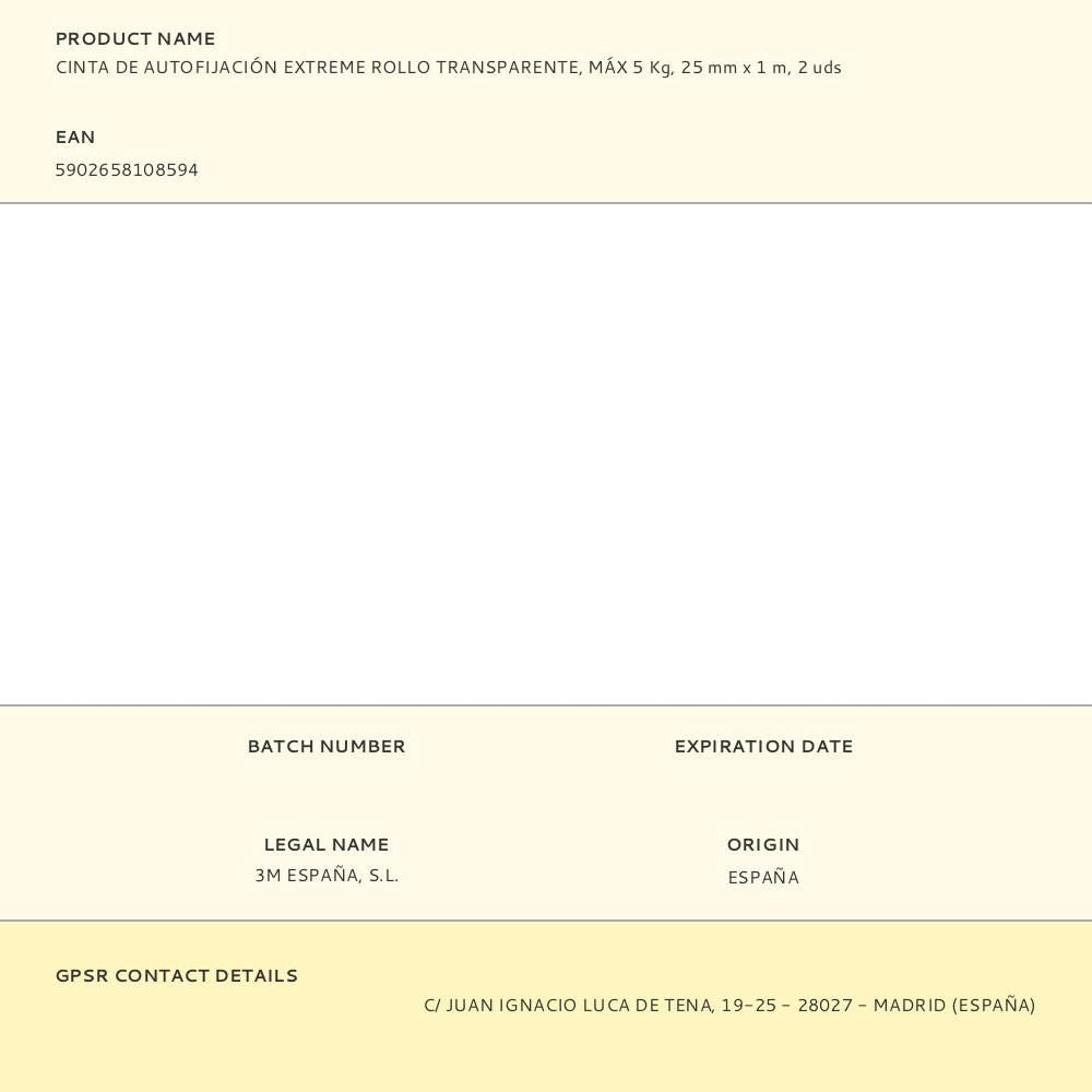 Cinta de autofijación extreme rollo transparente, máx 5 kg, 25mmx1m, 2 uds