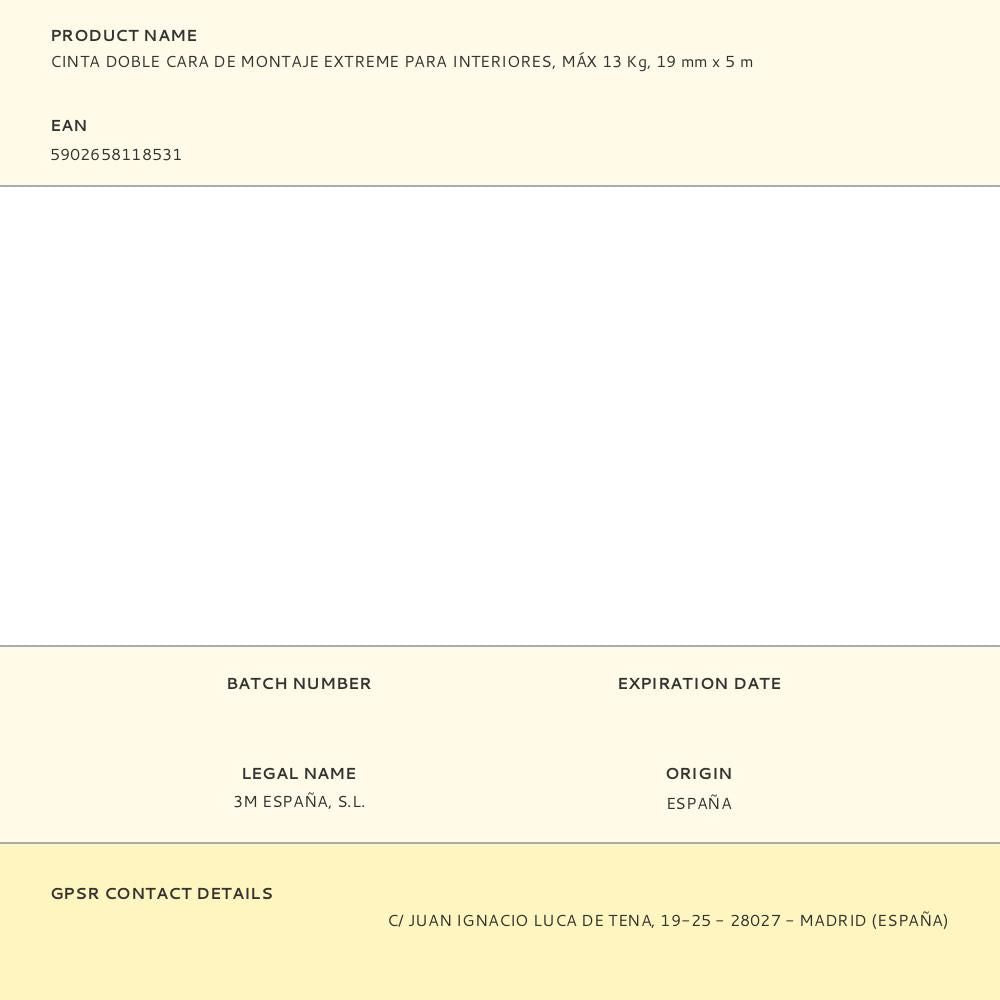 Cinta doble cara de montaje extreme para interiores, máx 13 kg, 19mmx5m
