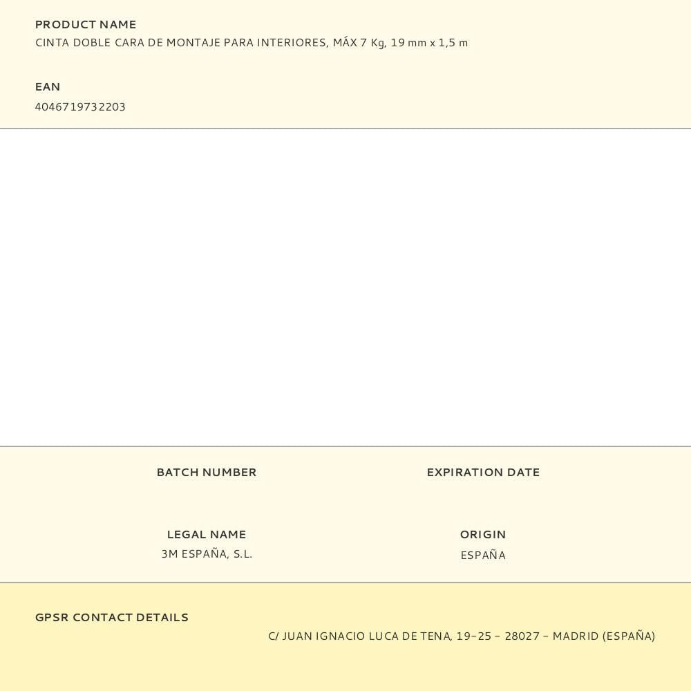 Cinta doble cara de montaje para interiores, máx 7 kg, 19mmx1,5m