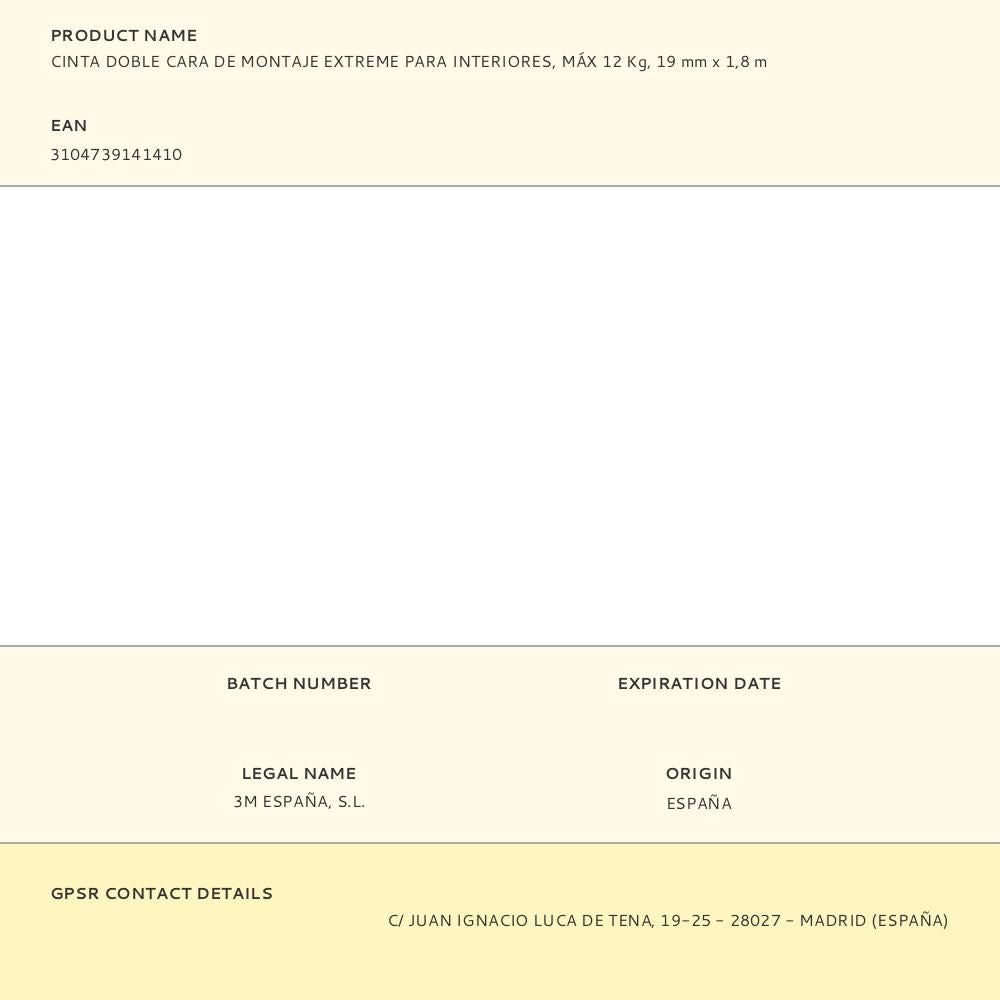 Cinta doble cara de montaje extreme para interiores, máx 12 kg, 19mmx1,8m