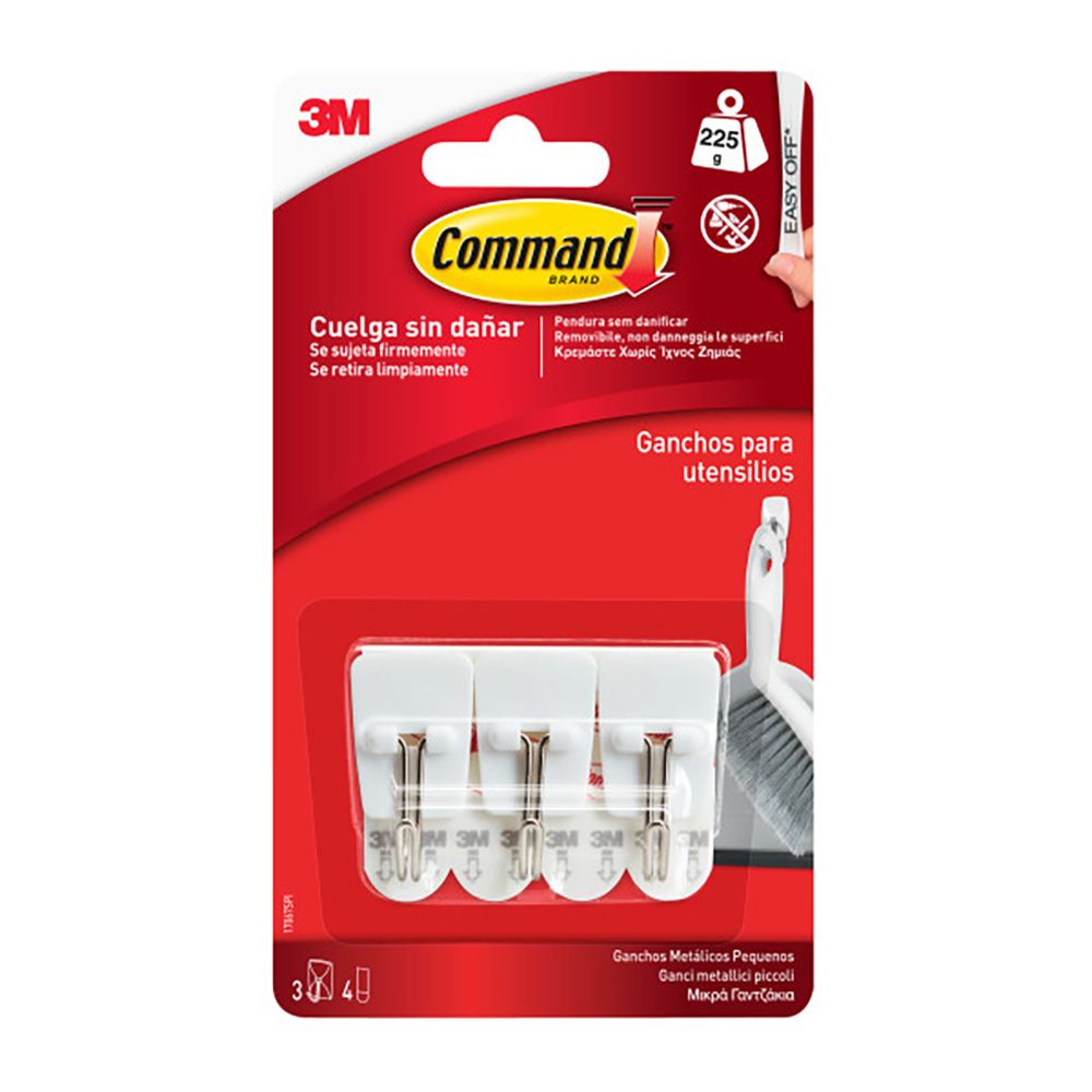 Command gancho punta de alambre, pequeño, 19 x 41 x 19 mm, 3 uds + 4 tiras, máx 225 gr