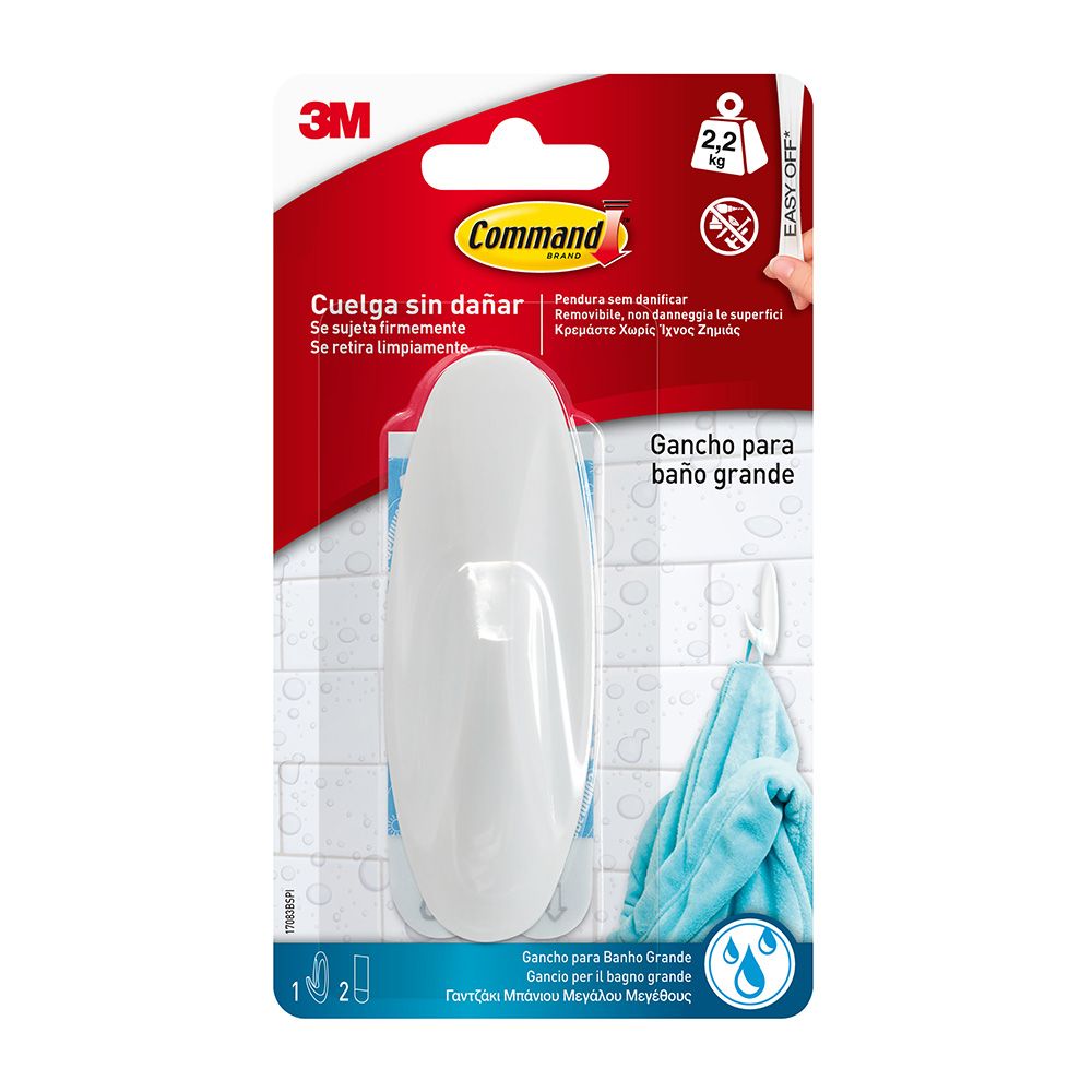 Command gancho de diseño para baño, grande, 1 ud + 2 tiras, carga máx 2,2 kg