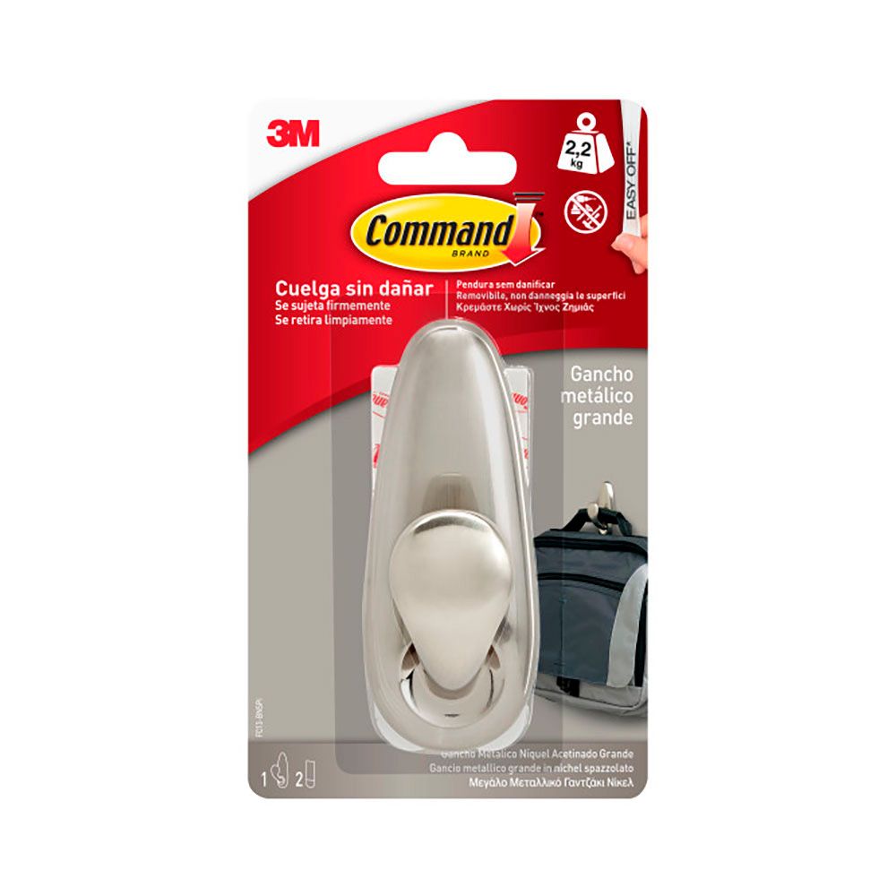 Command gancho metálico, grande, níquel pulido, 1 ud + 2 tiras, máx 2,2 kg