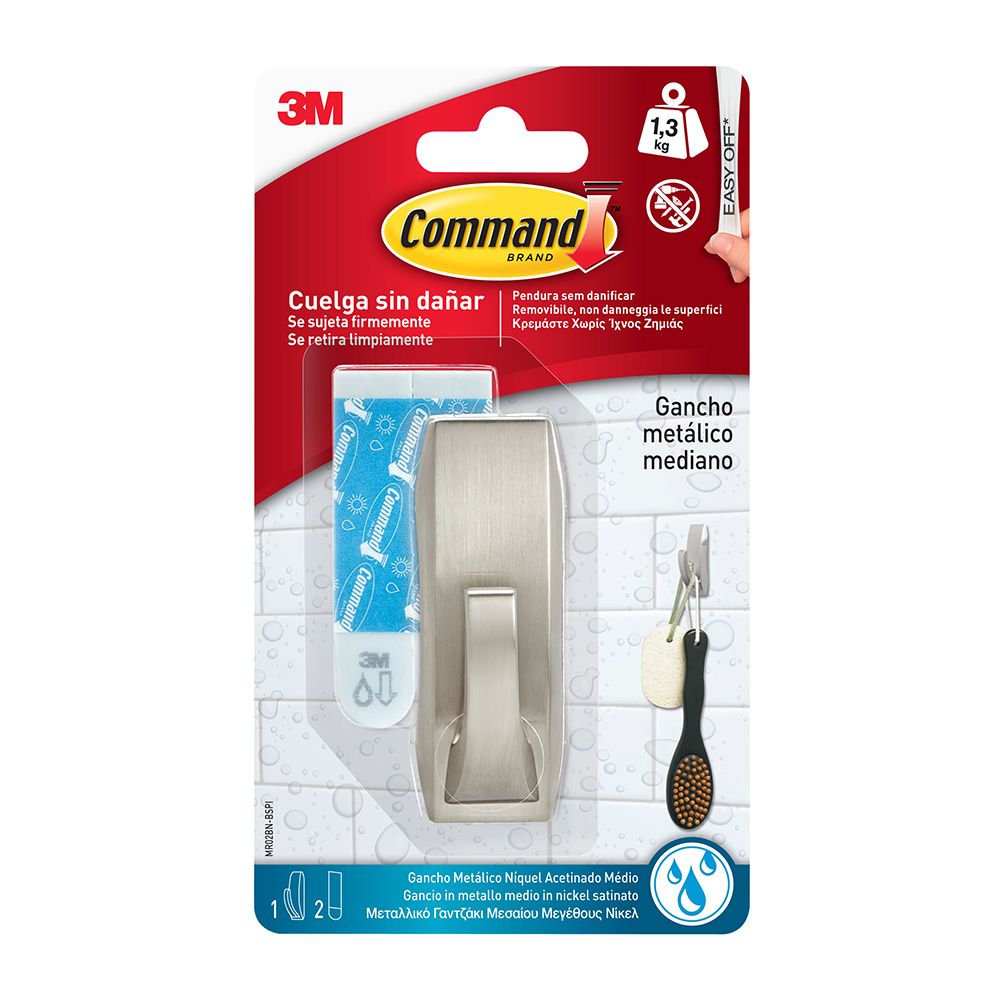 Command gancho metálico con reflejos modernos, mediano, níquel satinado, 1 ud + 2 tiras, carga máx 1,3 kg