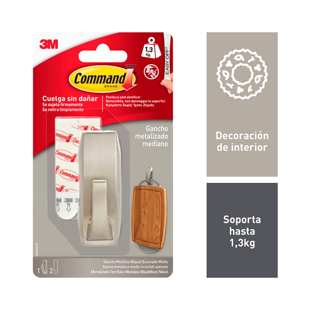 Command gancho mediano, níquel pulido, 29 x 79 x 29 mm, 1 uds + 2 tiras, max 1,3 kg