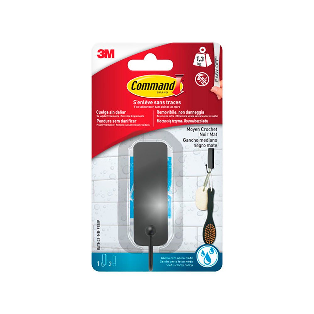 Command gancho mediano, negro mate, 25 x 35 x 95 mm, 1 ud + 2 tiras, máx 1,3 kg