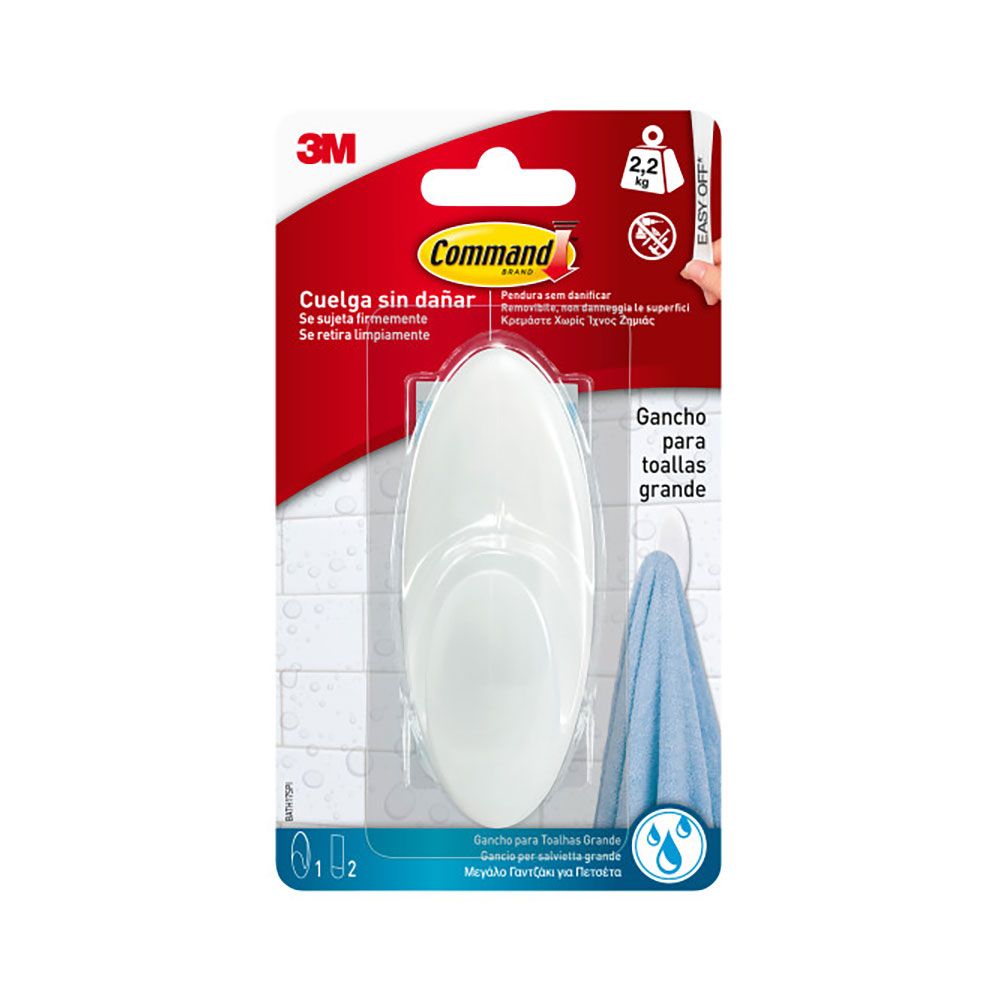 Command gancho para toallas, grande, blanco, 1 ud + 2 tiras, máx 2,2 kg