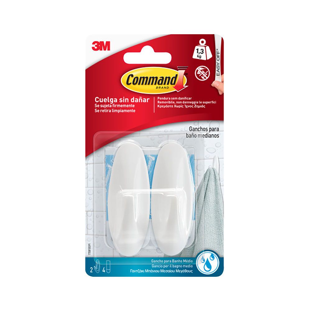 Command gancho blanco, mediano, 29 x 79 x 29 mm, 2 uds + 4 tiras, máx 1,3 kg