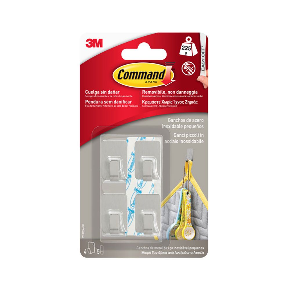 Command gancho de acero inoxidable, pequeño, 19 x 30 x 15 mm, 4 uds + 5 tiras, máx 225 gr