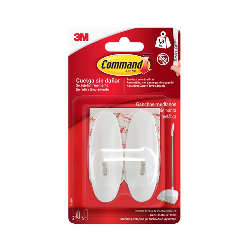 Command gancho punta metálica, mediano, blanco, 29 x 79 x 29 mm, 2 uds + 4 tiras, carga max 1,3 kg