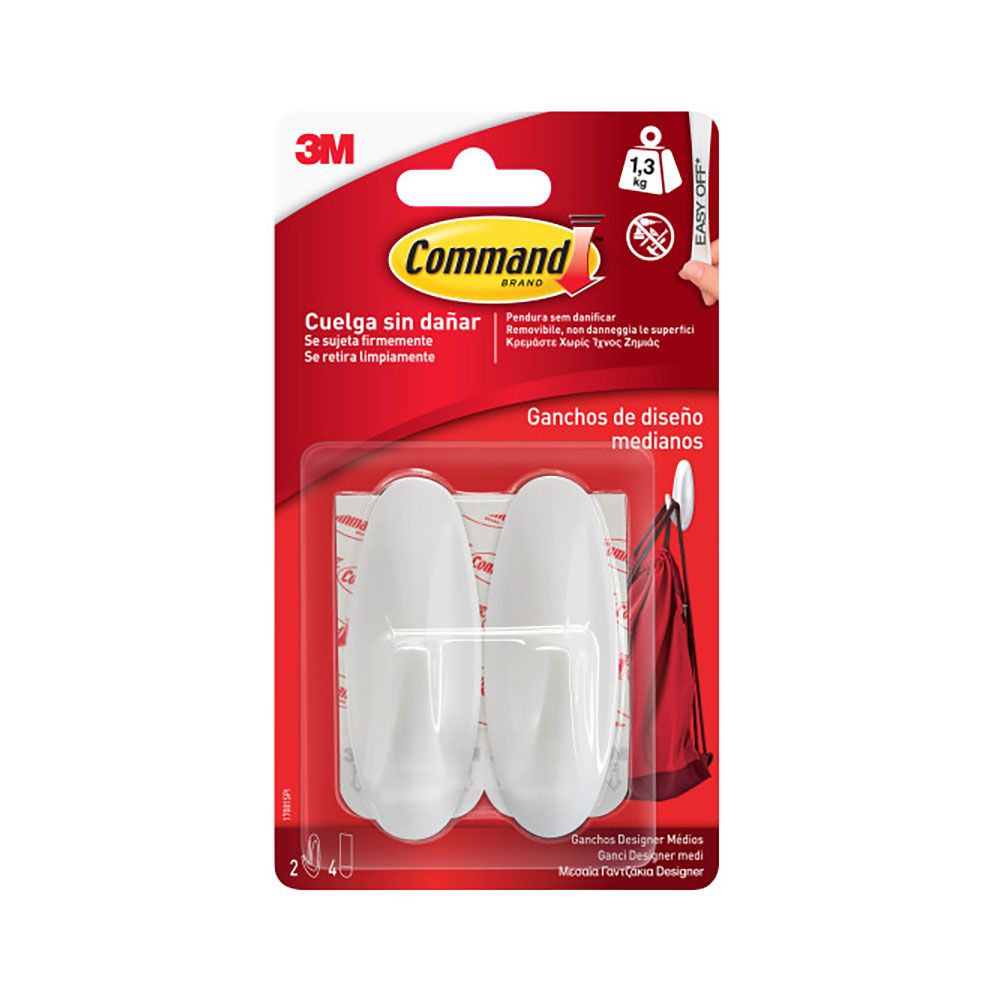 Command gancho de diseño, mediano, blanco, 29 x 79 x 29 mm, 2 uds + 4 tiras, max 1,3 kg
