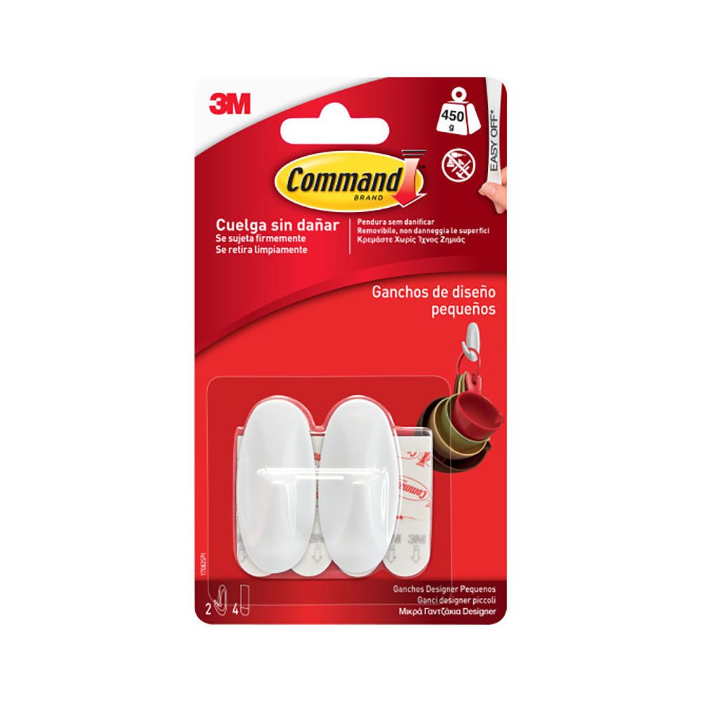 Command gancho de diseño pequeño, blanco, 2 uds + 4 tiras, max 450 gr