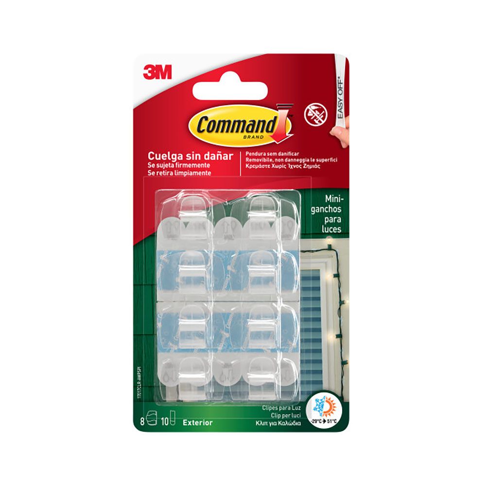 Command mini gancho para luces, exterior, transparente, 8 uds + 10 tiras