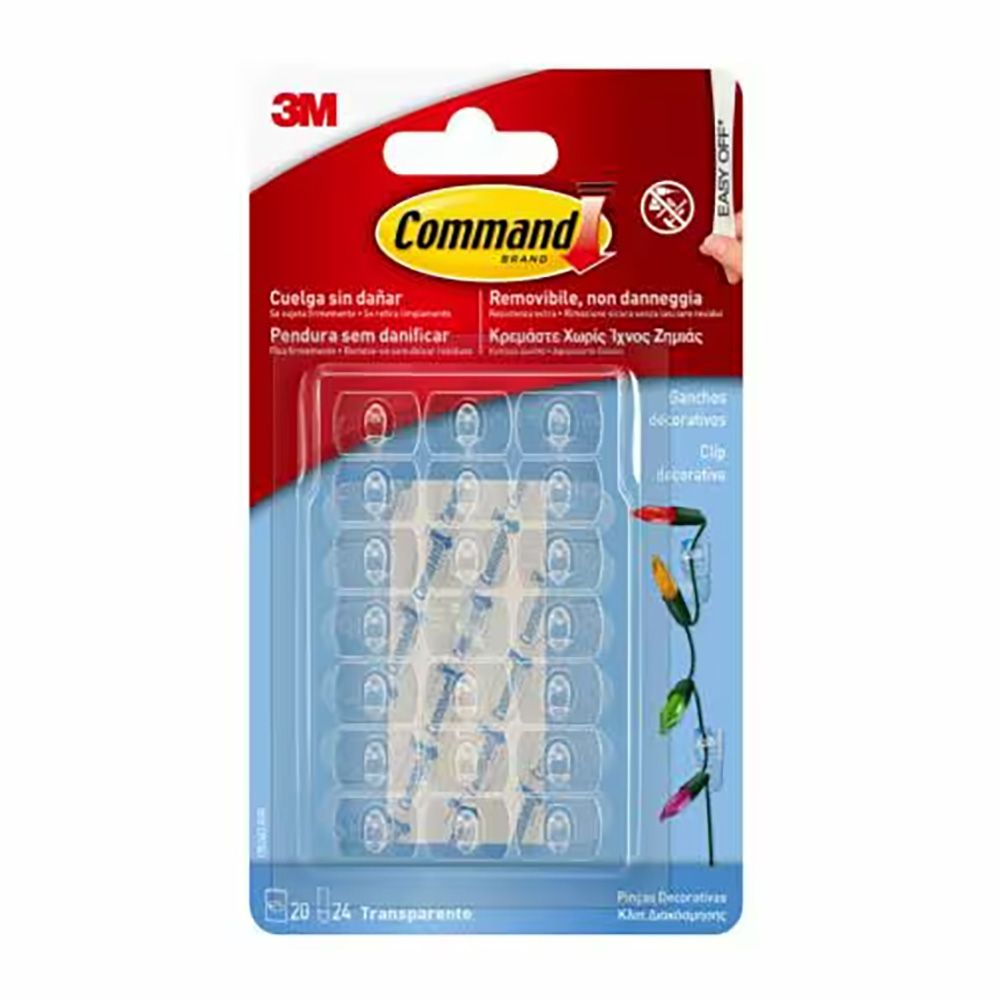 Command mini gancho decorativo, transparente, 20 uds + 24 tiras