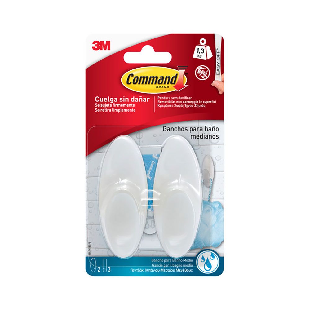 Command gancho para baño, mediano, blanco, 35 x 86 x 29, 2 uds + 3 tiras, máx 1,3 kg
