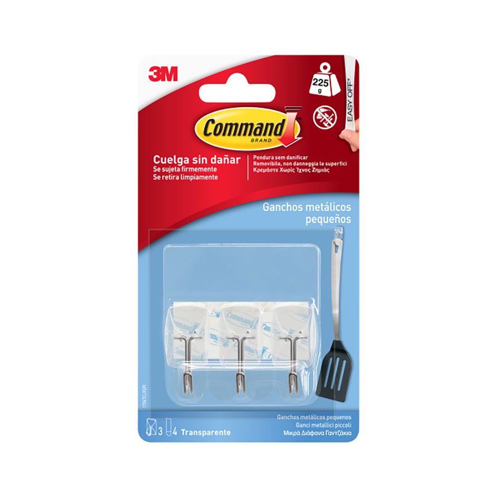 Command ganchos transparentes pequeños con punta de alambre con tiras transparentes, 3 uds + 4 tiras, max 225 gr
