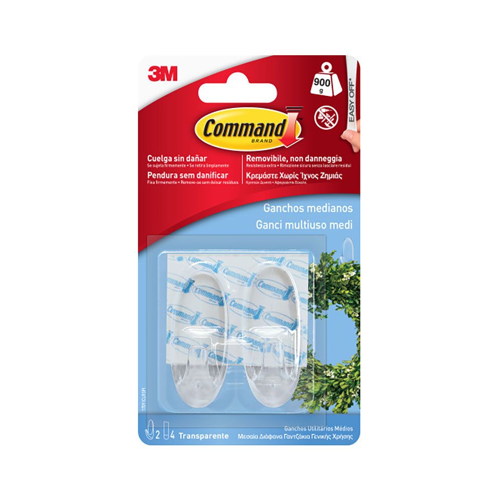 Command gancho mediano trasparente, 25 x 60 x 25 mm, 2 uds + 4 tiras