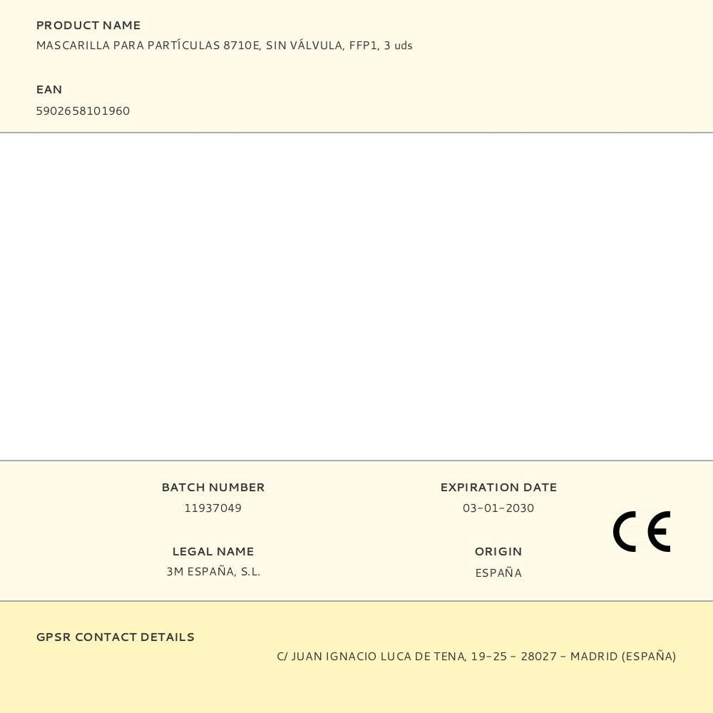 Mascarilla para partículas 8710e, sin válvula, ffp1, 3 uds