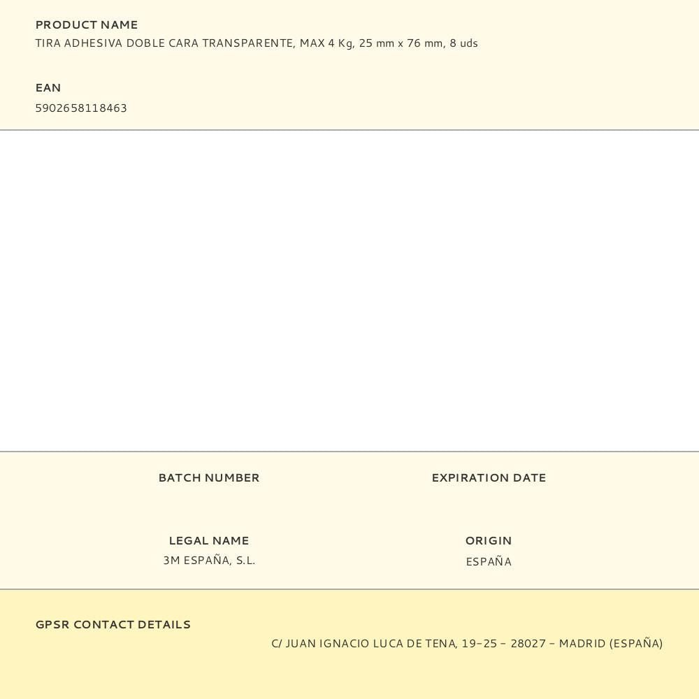 Tira adhesiva doble cara transparente, máx 4 kg, 25mmx76mm, 8 uds