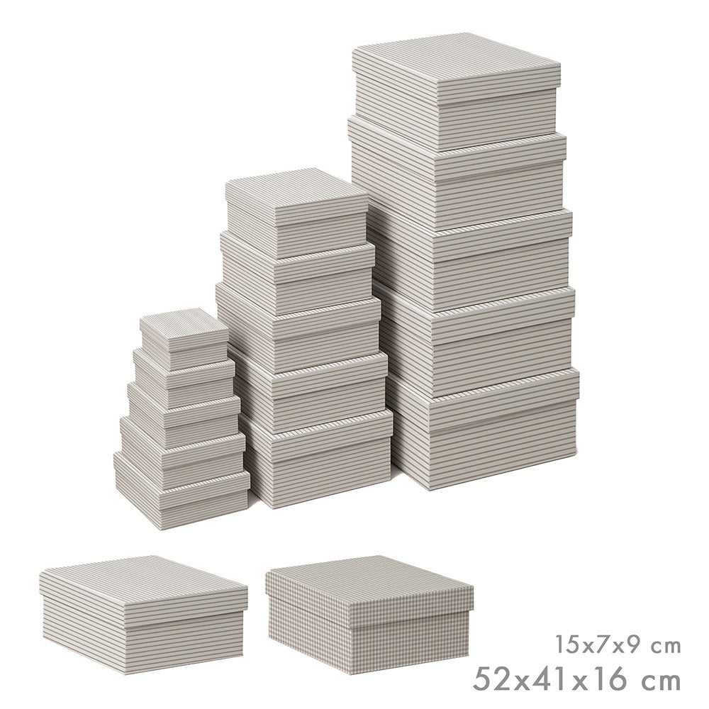 Cajas de almacenamiento encajables, diseño vichy/rayas, medidas variadas, set 15 piezas.