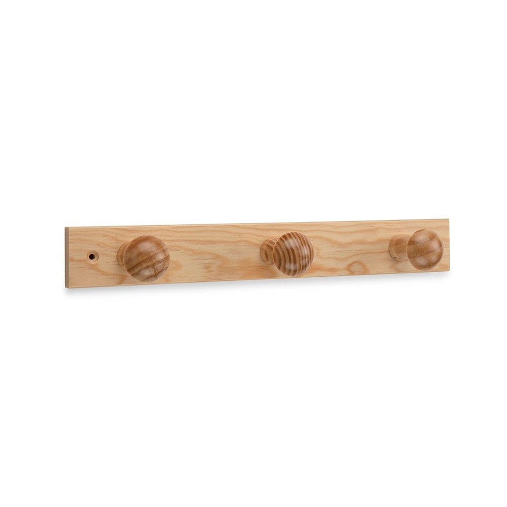 Colgador de madera de pino con 3 pomos color natural 360 x 50 x 15 mm
