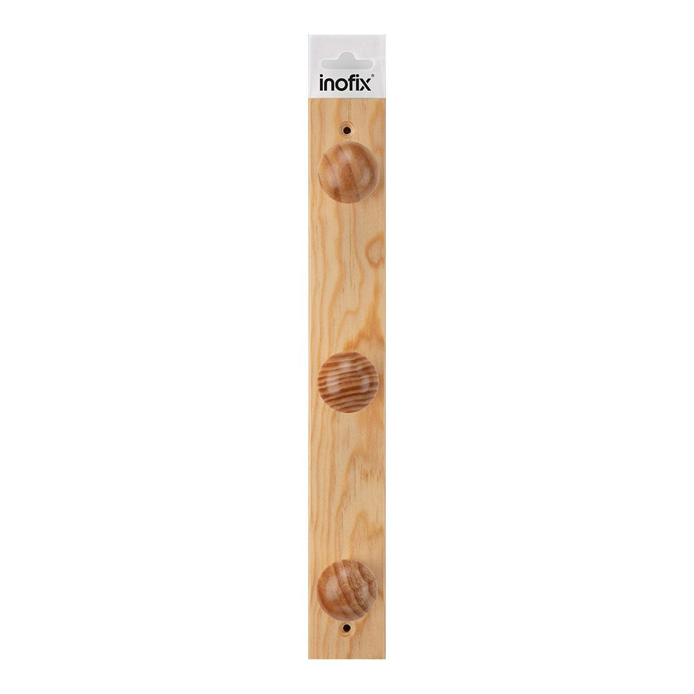 Colgador de madera de pino con 3 pomos color natural 360 x 50 x 15 mm