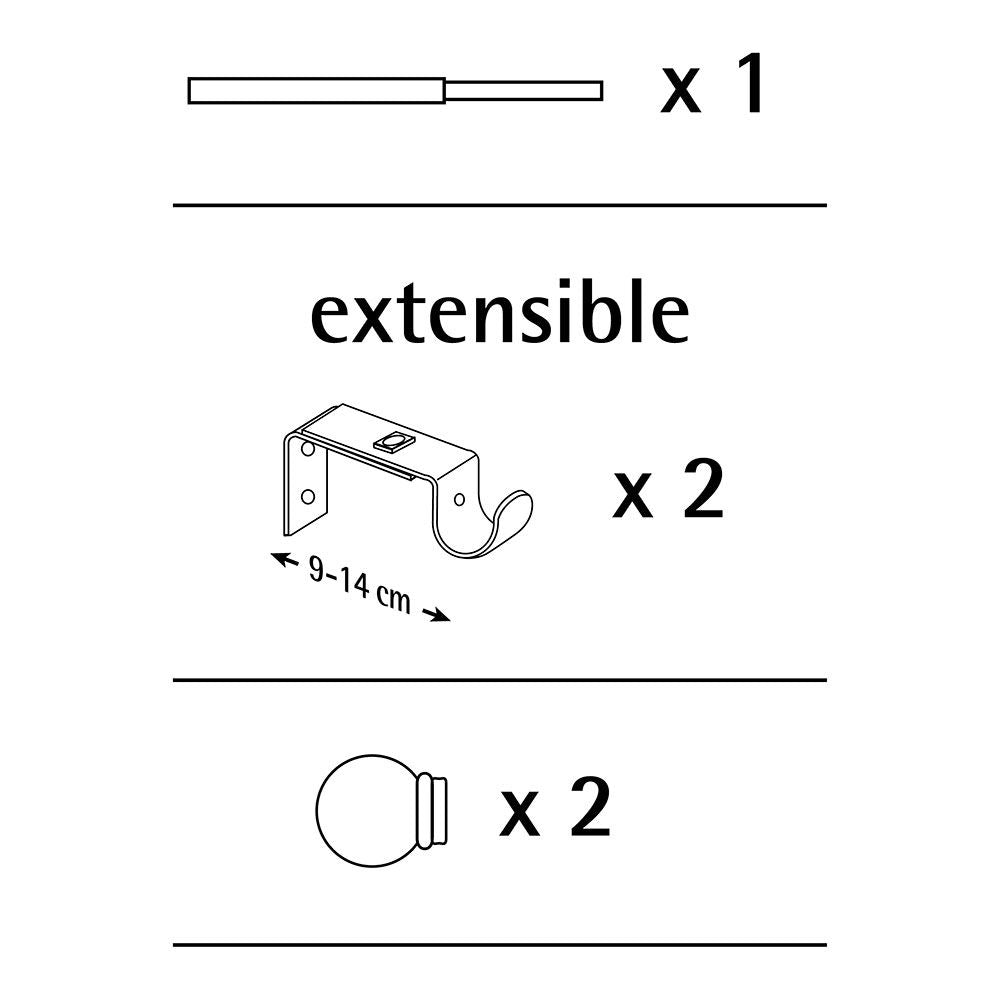 Kit barra cortina anillo negro extensible de 110 - 200 cm