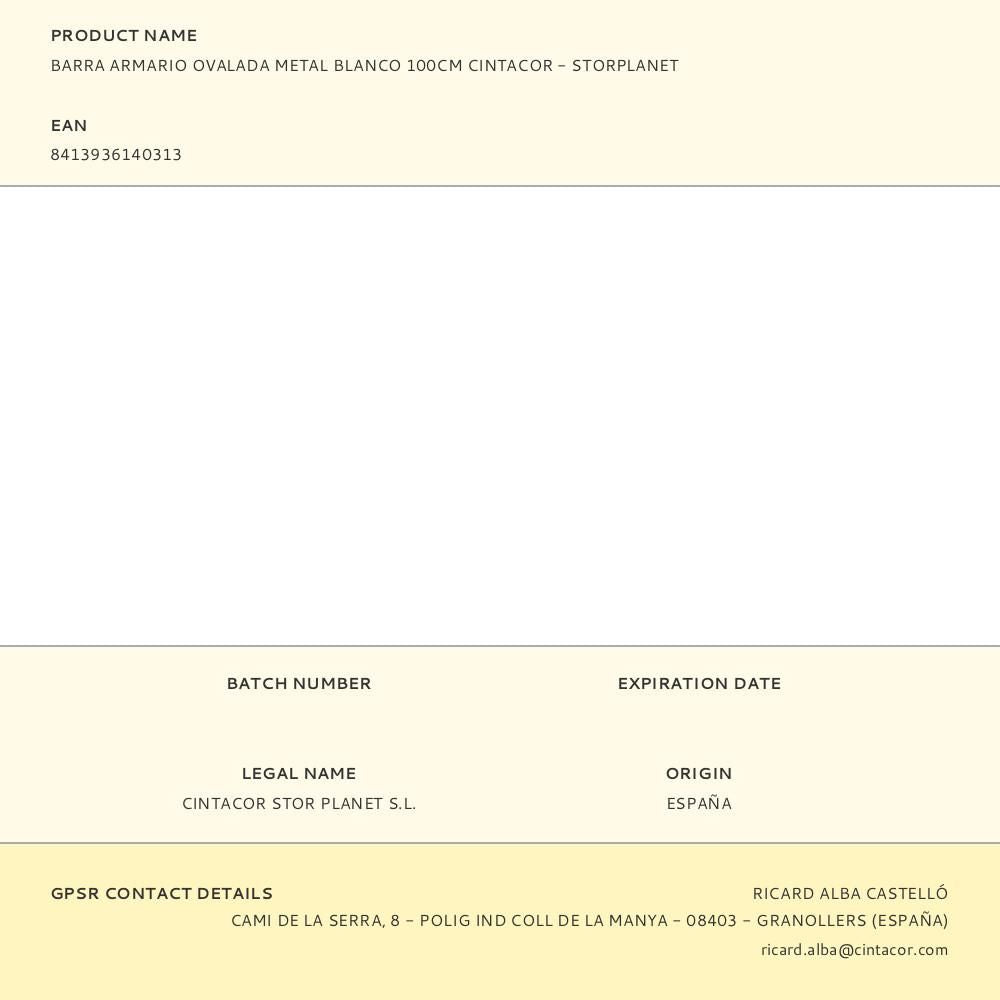 Barra armario ovalada metal blanco 100cm cintacor - storplanet