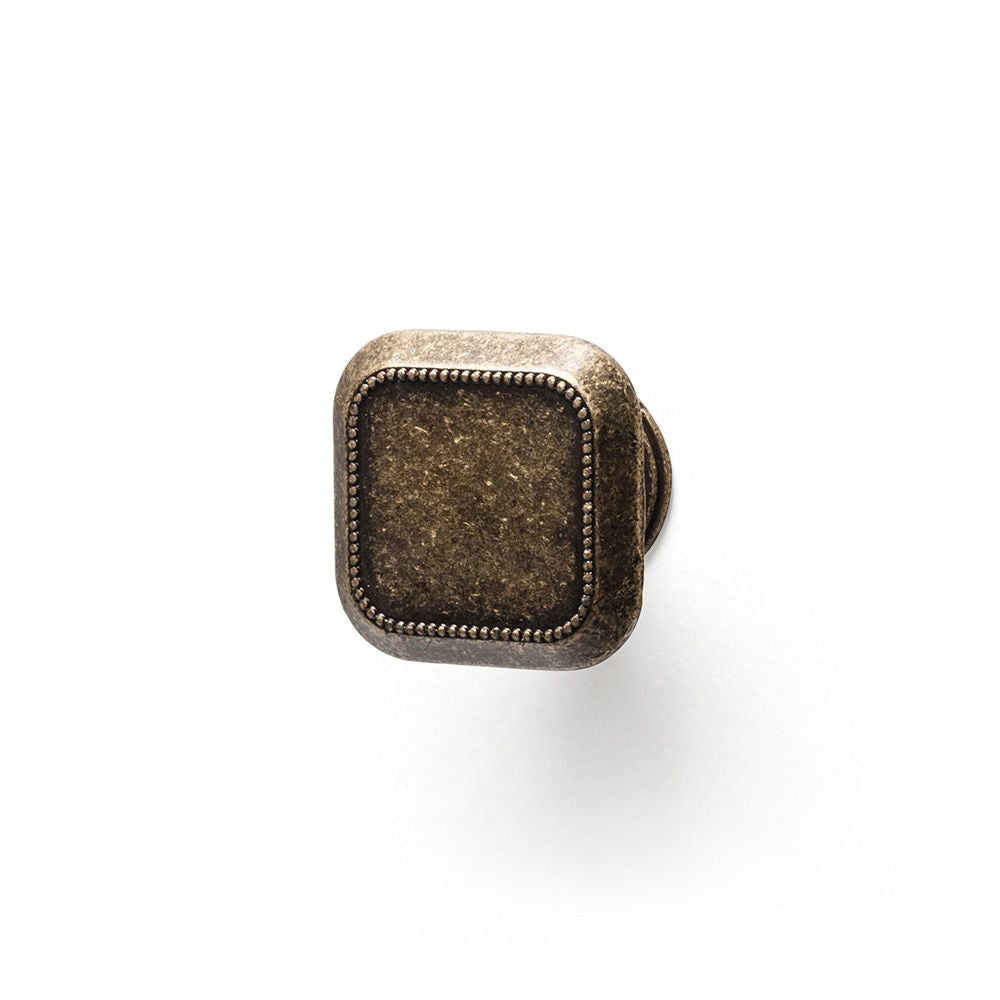 Pomo para mueble, modelo 3120, de zamak con acabado cuero viejo, 30 x 30 mm, blister 4 uds