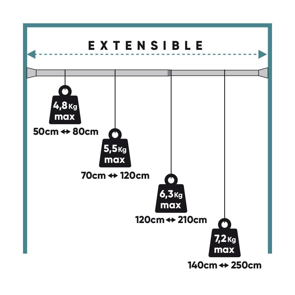 Barra extensible multiuso a presión sin taladro, blanca, ø2,8 - 2,5 x 70 - 120 cm