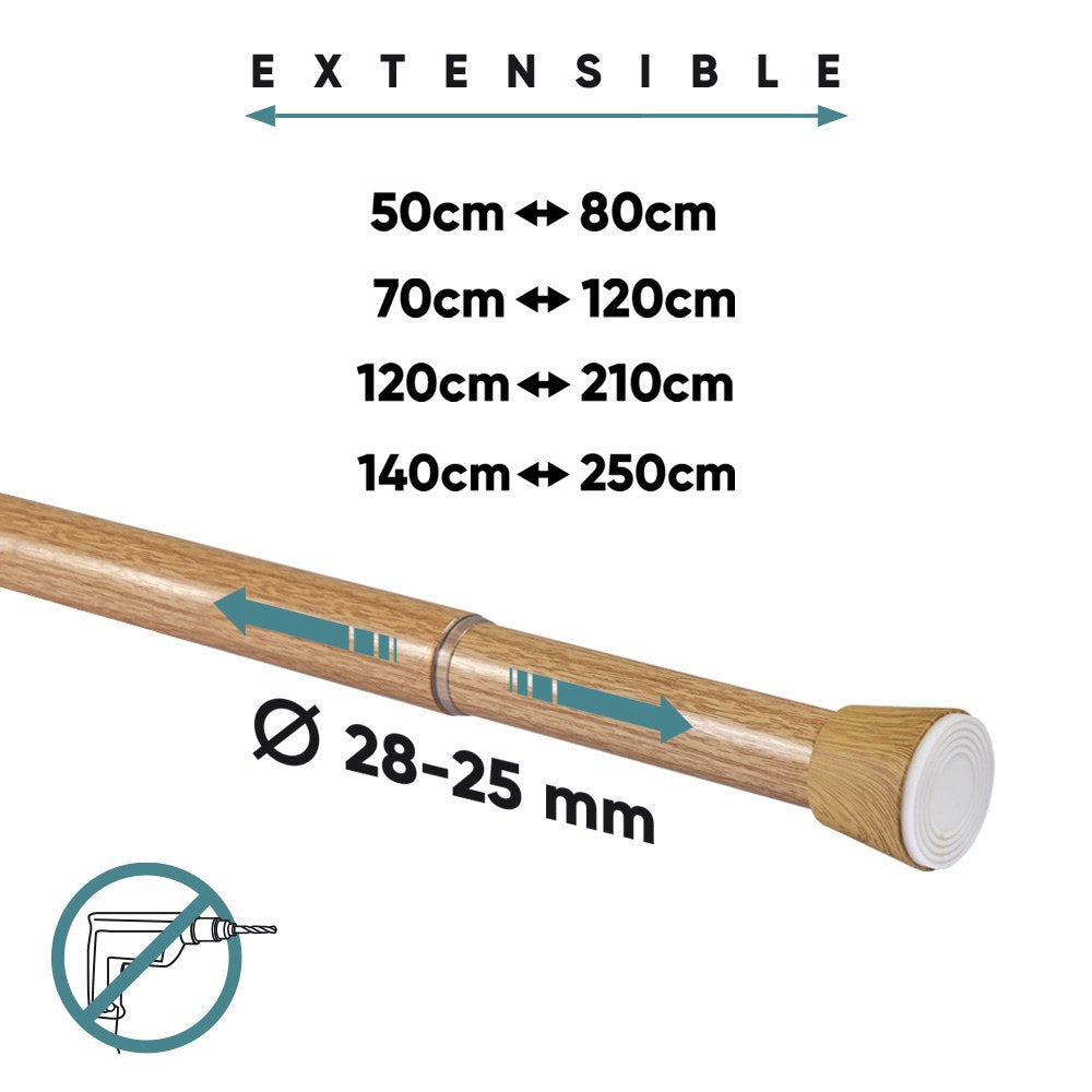 Barra extensible multiuso a presión sin taladro, madera, ø2,8 - 2,5 x 120 - 210 cm