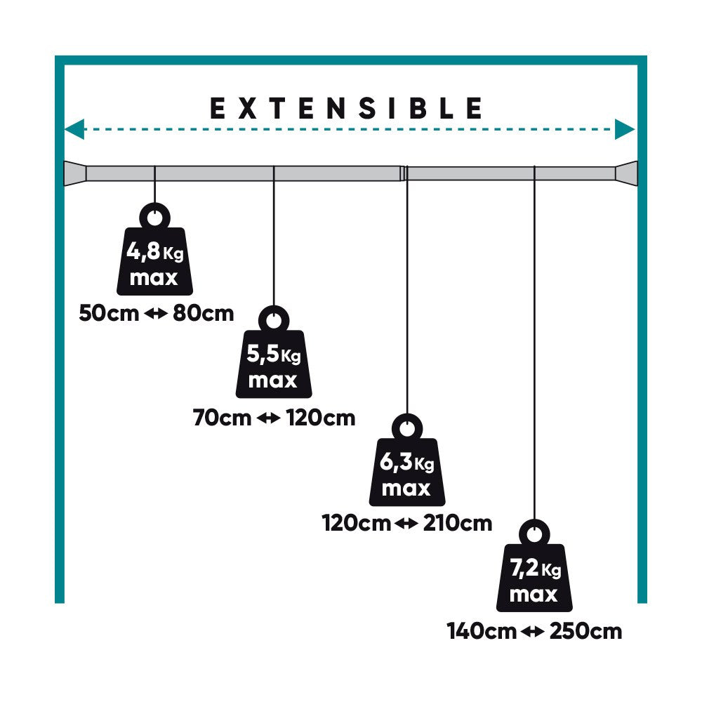 Barra extensible multiuso a presión sin taladro, madera, ø2,8 - 2,5 x 120 - 210 cm