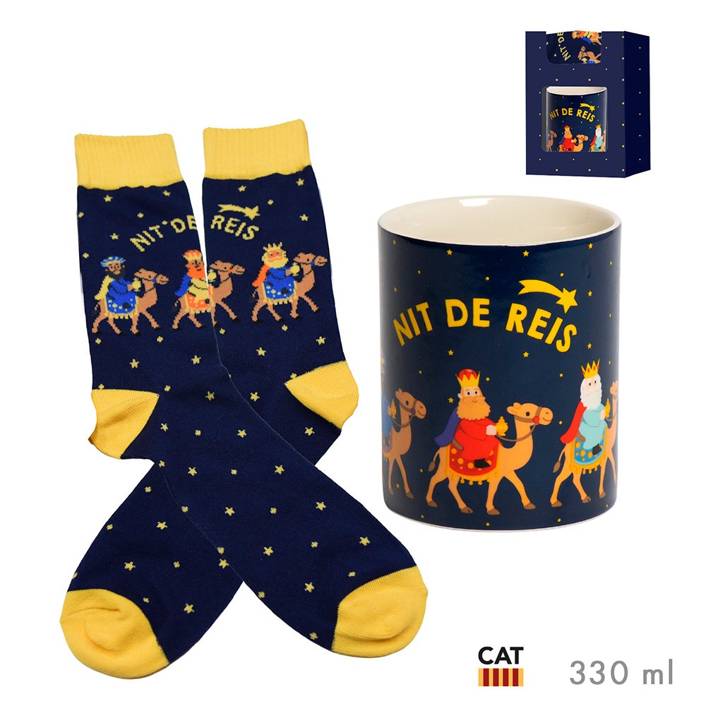 Taza con calcetines en caja de regalo modelo reis cat