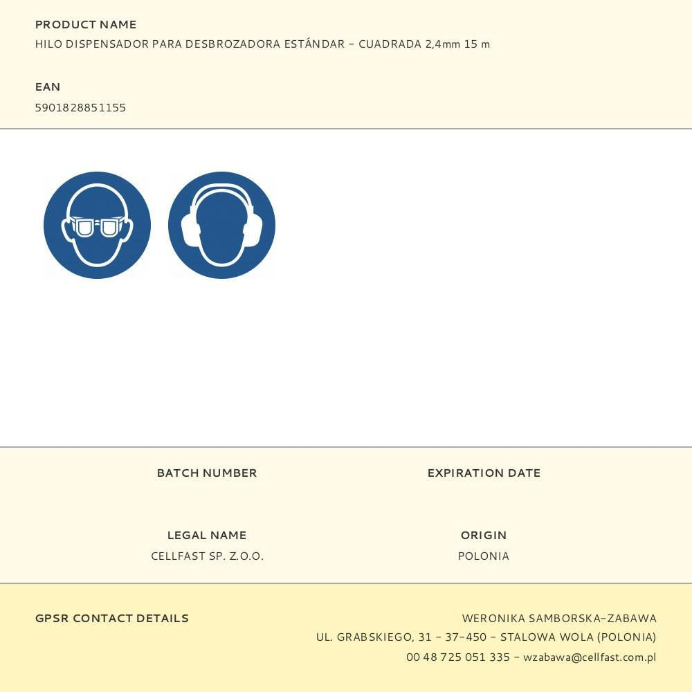 Hilo para desbrozadora estándar, cuadrado, 2,4 mm, dispensador 15 m