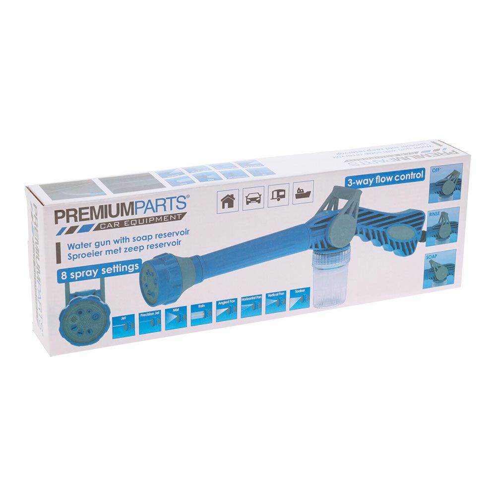 Pistola de agua con depósito para jabón, 8 funciones, 13 x 41 x 5 cm