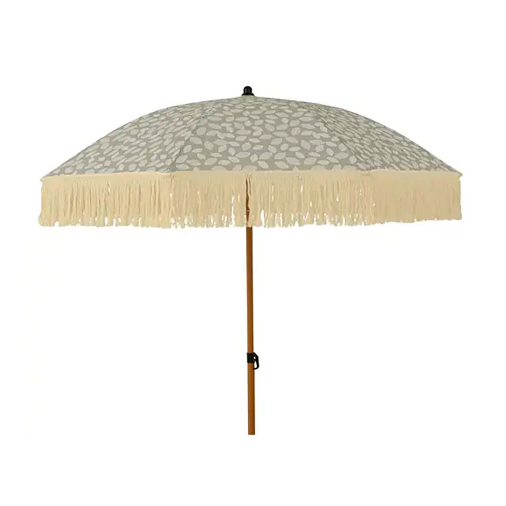 Parasol para jardín, verde con diseño de hojas y flecos beige, ø180 x 215 cm