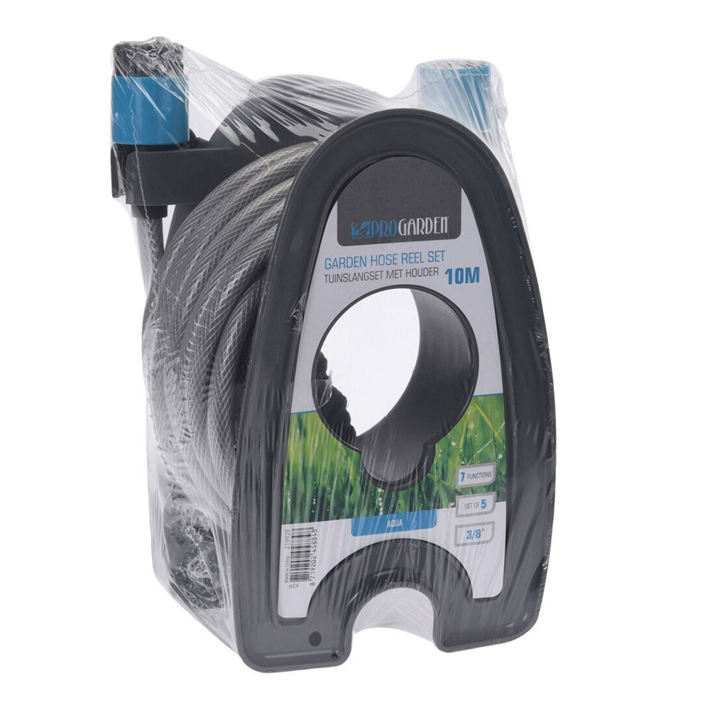 Manguera de jardín 3/8 pulg. 10 m con pistola y soporte de pared - 18,5 x 14 x 24,5 cm