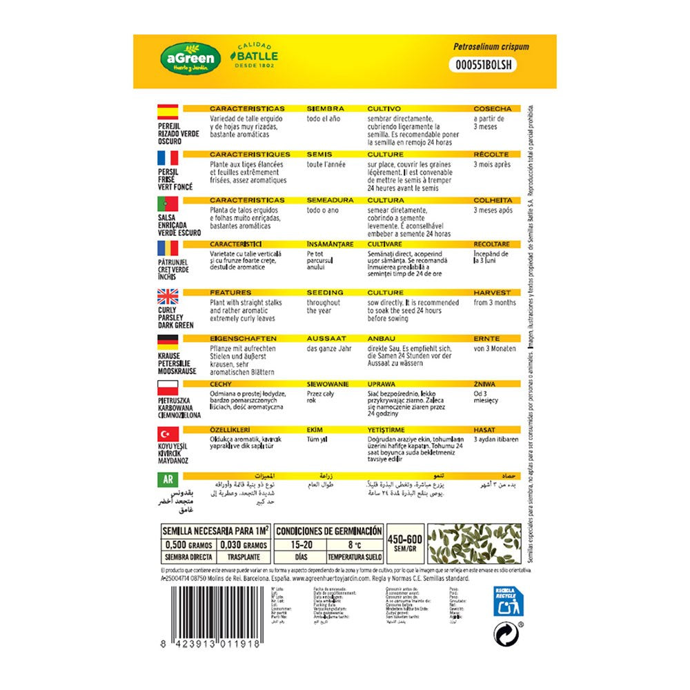 Sobre con semillas de perejil rizado verde oscuro