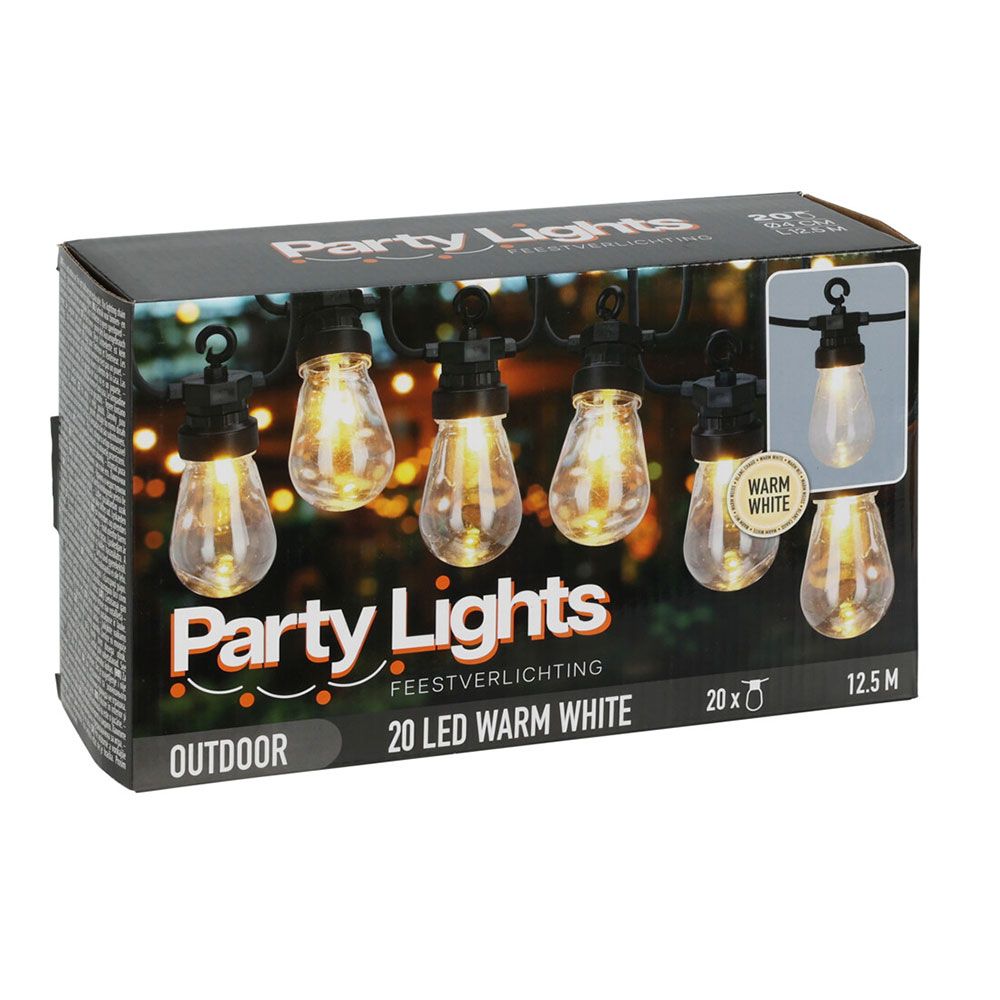 Guirnalda party lights, luz fija, uso exterior, blanco cálido, 20 led, 9,5 m