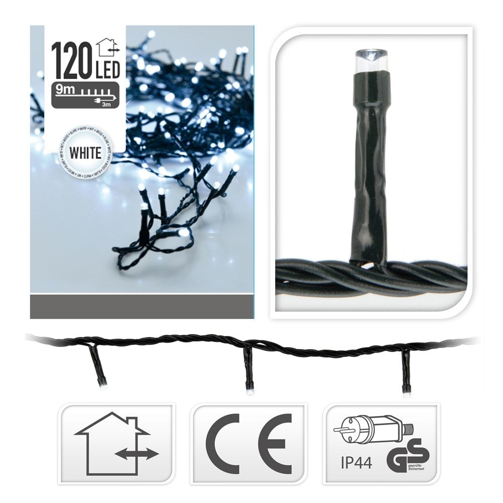 Guirnalda con función fija, uso exterior, blanco frío, 120 leds, 9 m