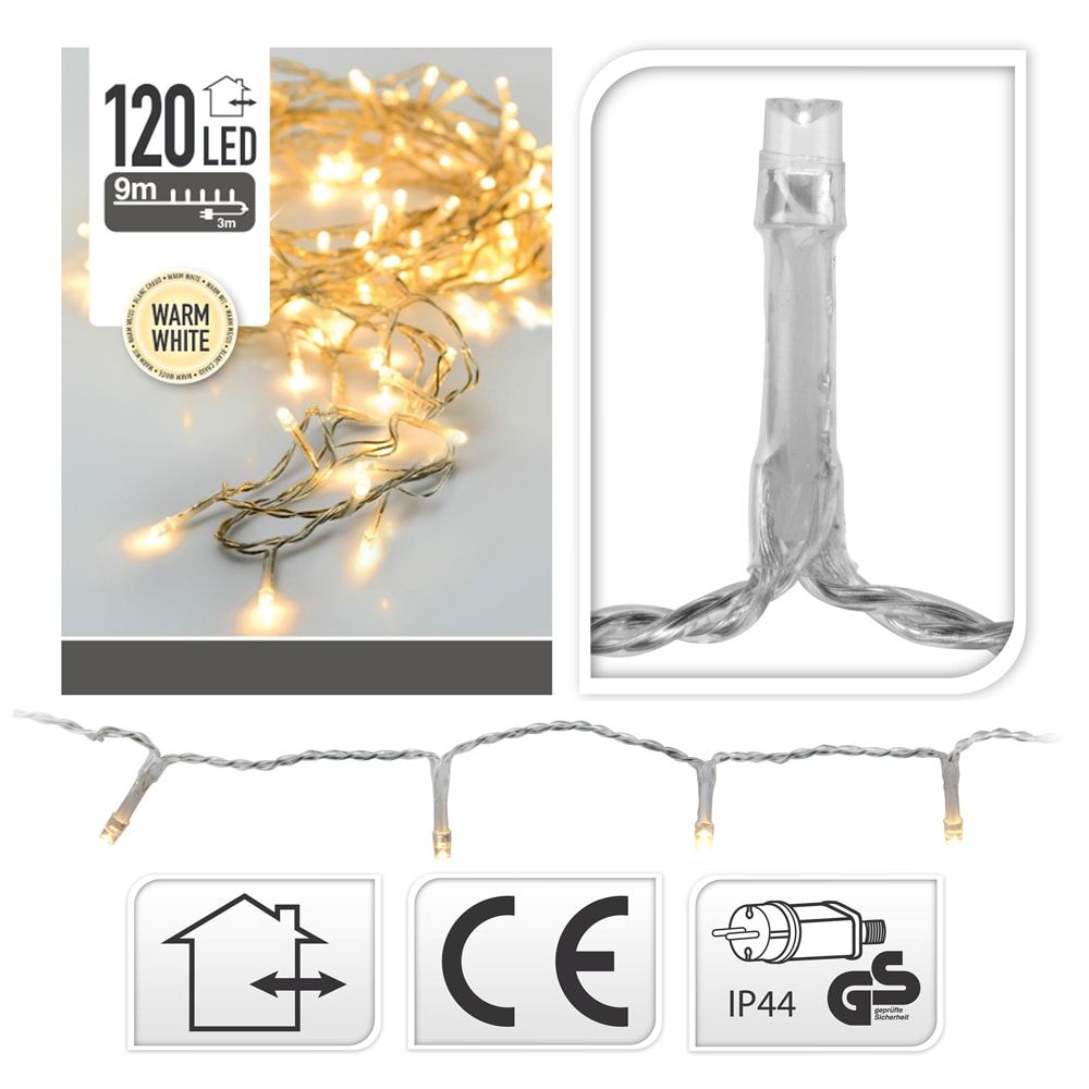 Guirnalda con función fija, uso exterior, blanco cálido, cable transparente, 120 leds, 9 m