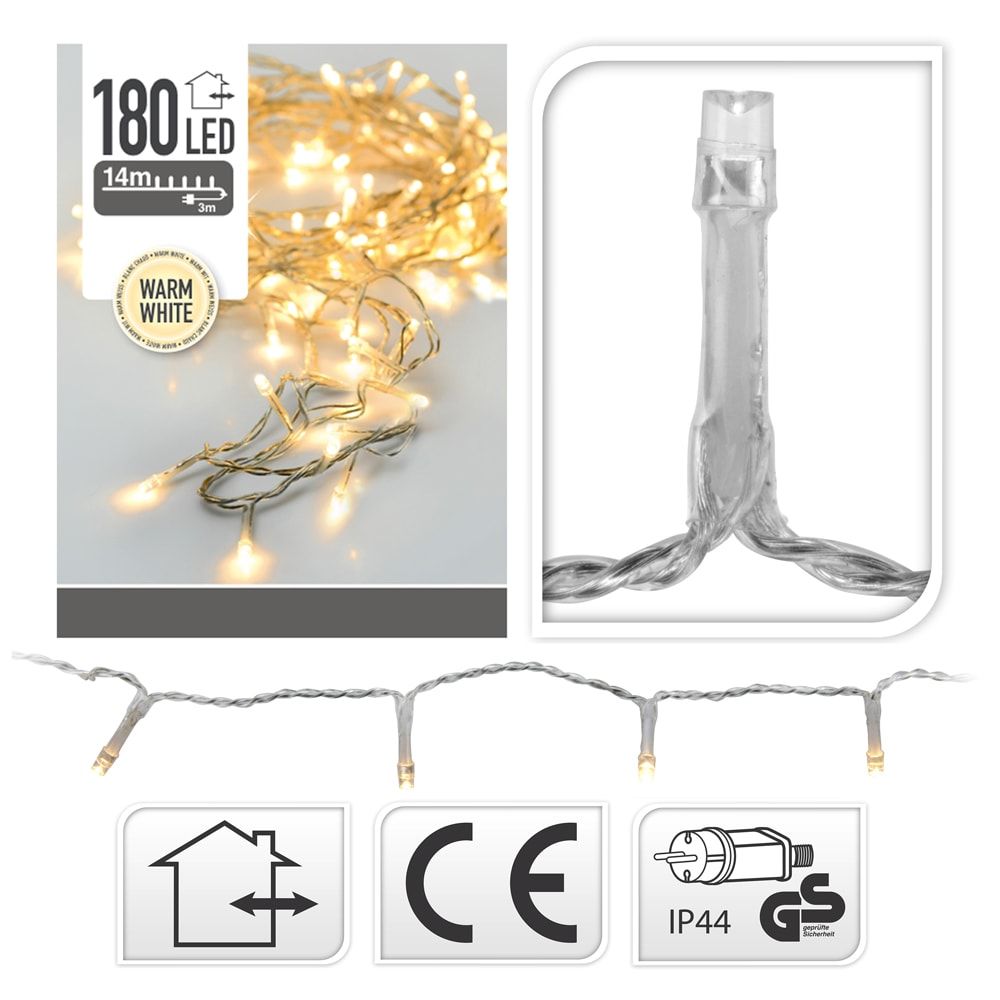 Guirnalda con función fija, uso exterior, blanco cálido, cable transparente, 180 leds, 13,50 m