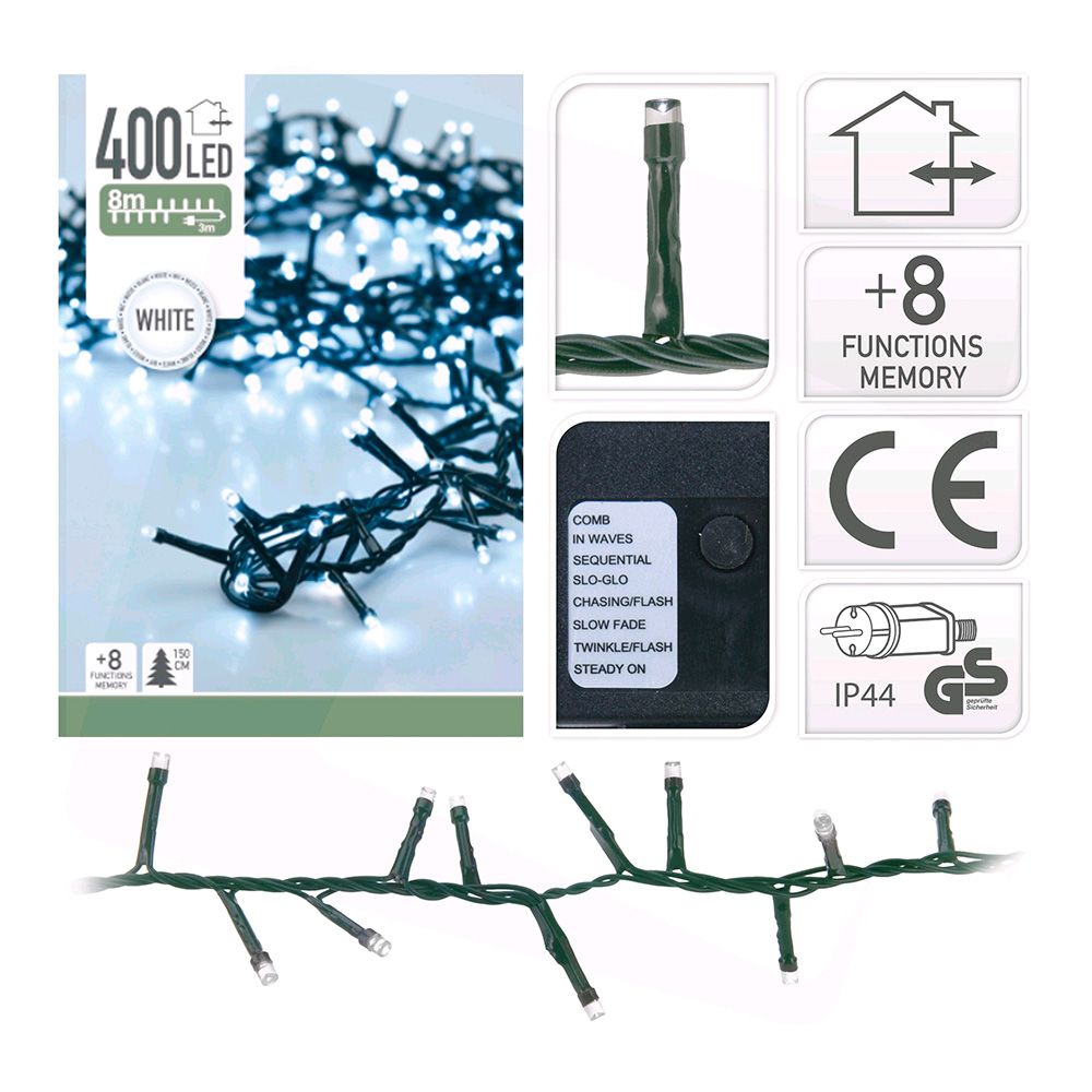 Guirnalda tipo espino multifunción, uso exterior, blanco frío, 400 leds, 8 m