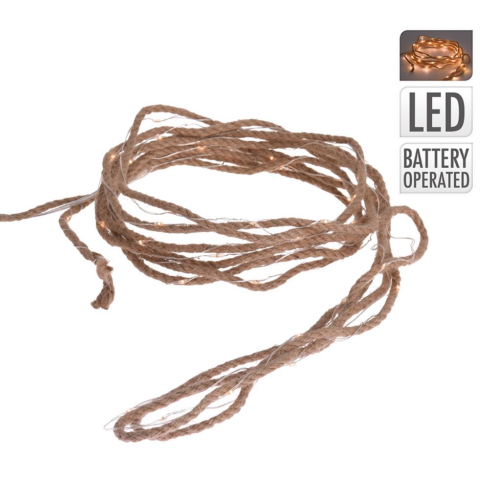 Guirnalda a pilas fija 50 microleds cuerda de yute luz blanco calido 5,03m