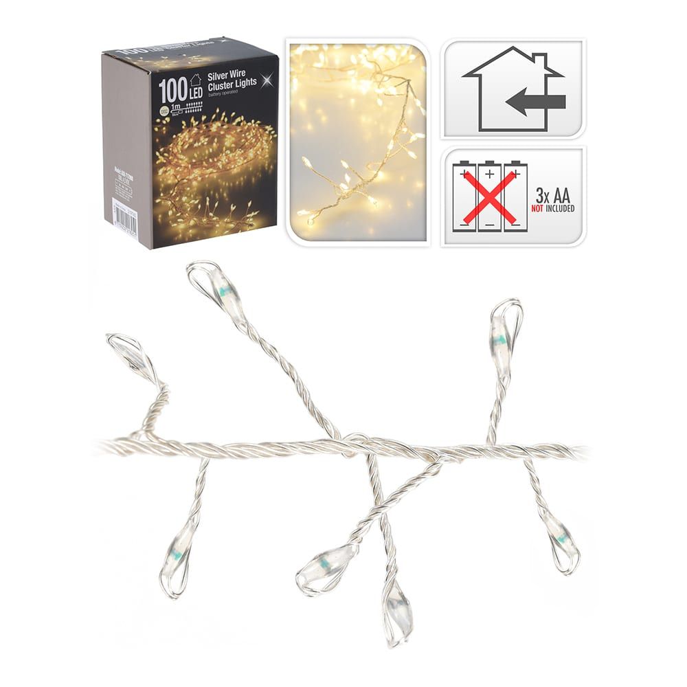Guirnalda a pilas, función fija, uso interior, tipo espino, blanco cálido, 100 leds, 1 m
