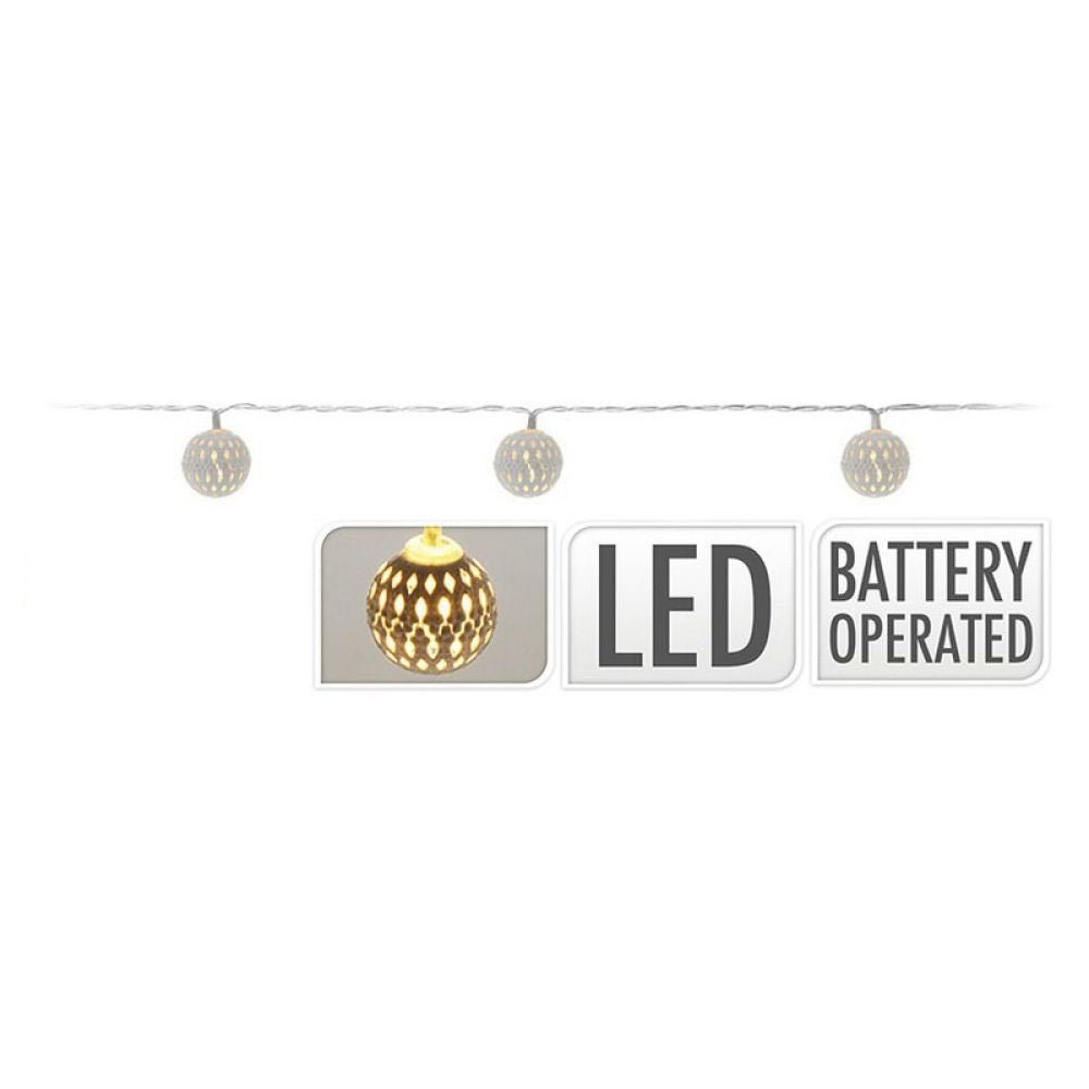 Guirnalda a pilas, función fija, uso interior, con bolas, blanco cálido, 10 leds, 1,30 m, plata