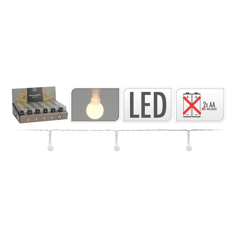 Guirnalda a pilas, función fija, uso interior, esférica ø8 mm, blanco cálido, 20 leds, 2,30 m