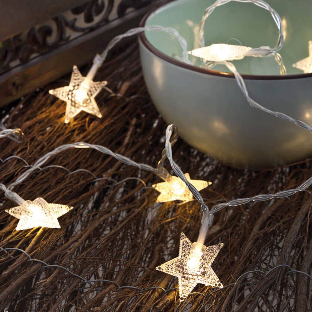 Guirnalda a pilas, función fija, uso interior, con estrellas, blanco frío, 10 leds, 1,30 m